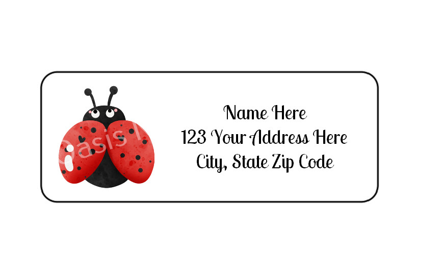 30 Ladybug PERSONALIZED RETURN ADDRESS LABELS 1 in X 2 5/8 GLOSSY
