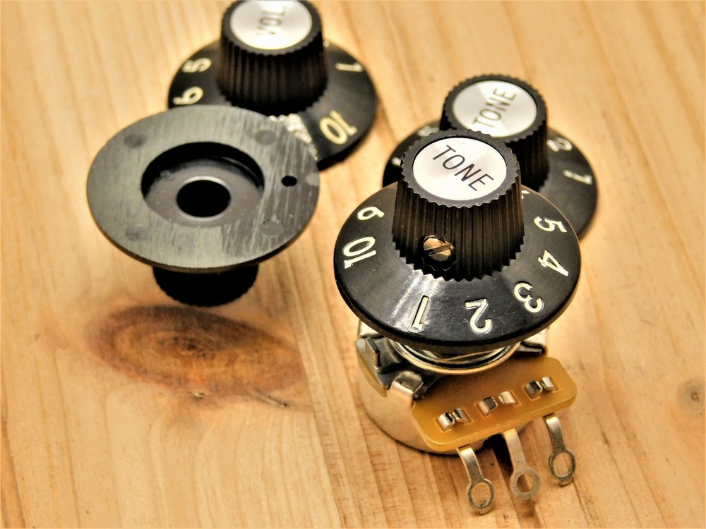 (4) BAKELITE 1-10 Volume/Tone Witch Hat Knobs for '72 Tele 1/4" Solid Shaft Pots