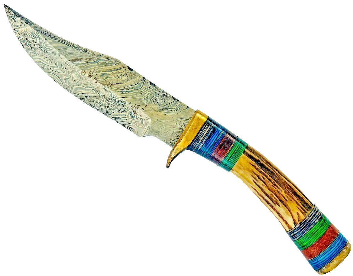 Vintage Stag Handle Fixed Blade Knife Damascus Blade Knives & Leather Sheath