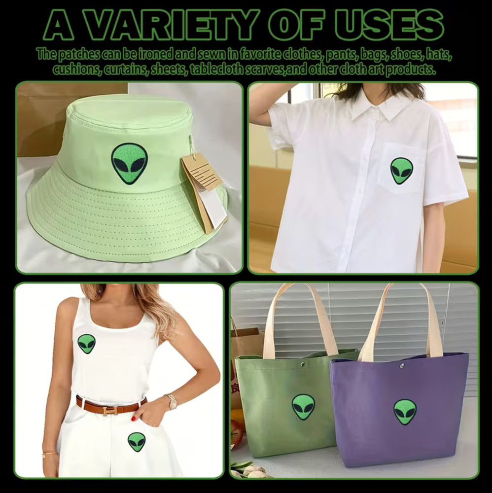 Green Alien Head Embroidered Iron On Patch