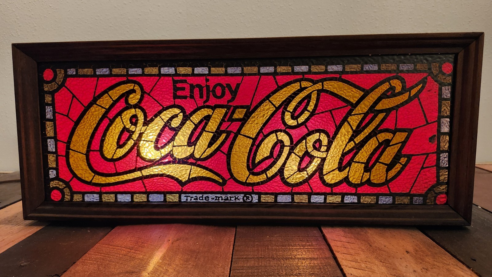 Coca Cola Stained Glass Light Box Sign, Wood Frame, Works. Lighted Sign