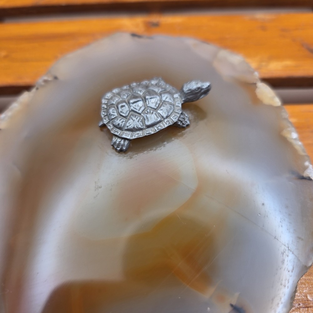 Pewter Turtle Figurine On Agate Slab