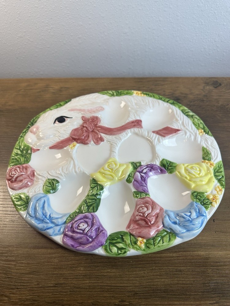 Vintage Ceramic Bunny Deviled Egg Plate Floral Easter Rabbit Platter