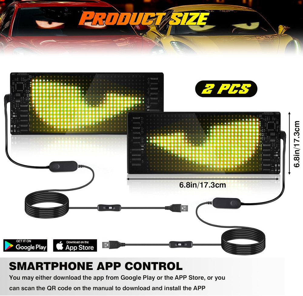 2PCS Devil Eyes Car LED Display, App Controlled 7x3” Flex Programmable Lights