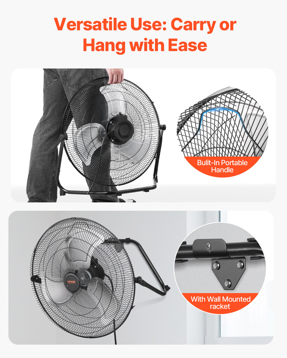 VEVOR 20 Inch Floor Fan 3 Adjustable Speed High Velocity Metal Fan 360 Tilt