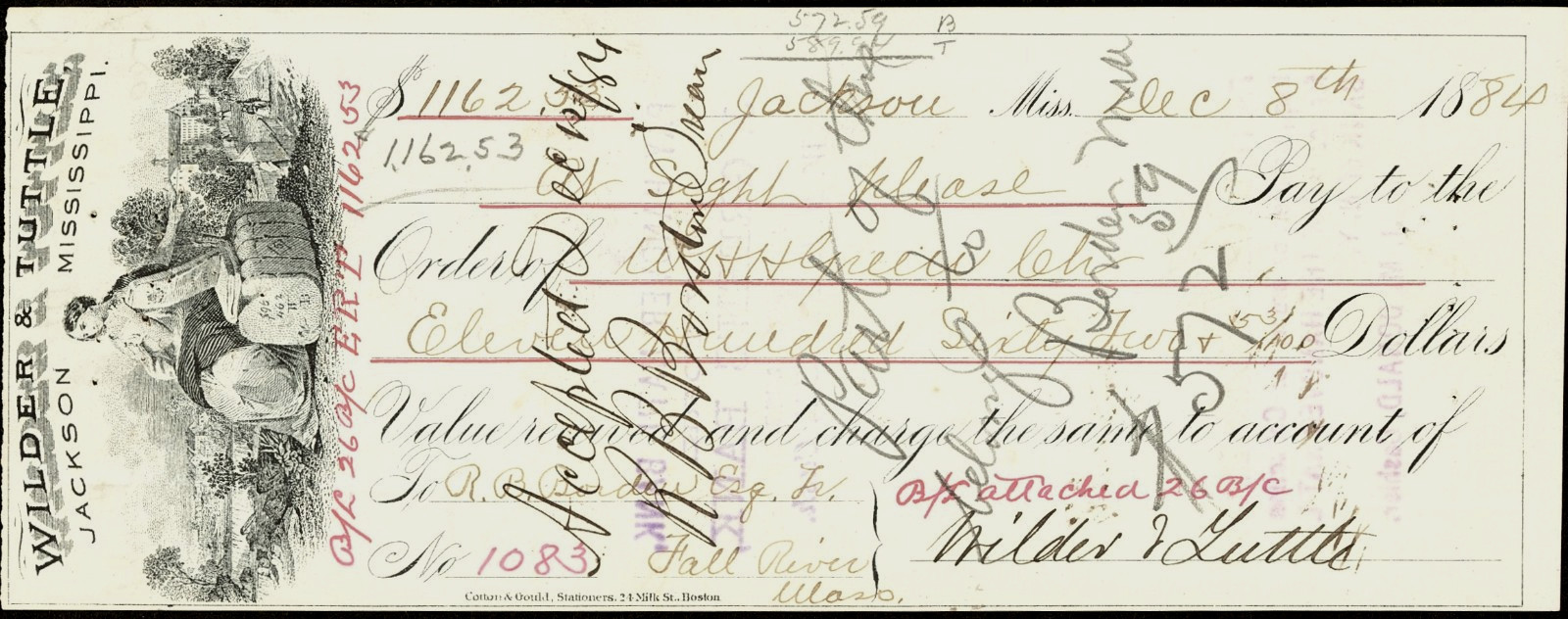 MS $1,162 JACKSON Mississippi Wilder & Tuttle Dec. 8, 1884 Merchant Draft