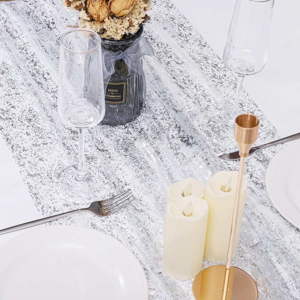 Silver Table Runner 6 PCS 10Ft Sheer Chiffon Cheesecloth Sequin Glitter Wedding