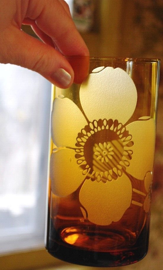 Vtg Set 8 PIER 1 Tumbler Glasses ETCHED FLOWER Hand Blown 6" Multicolor 20 Ounce