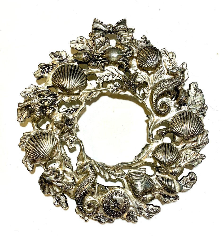 Godinger Sea Treasures Silver Plated 8.5” Trivet Wall Plaque Wreath Sea Life