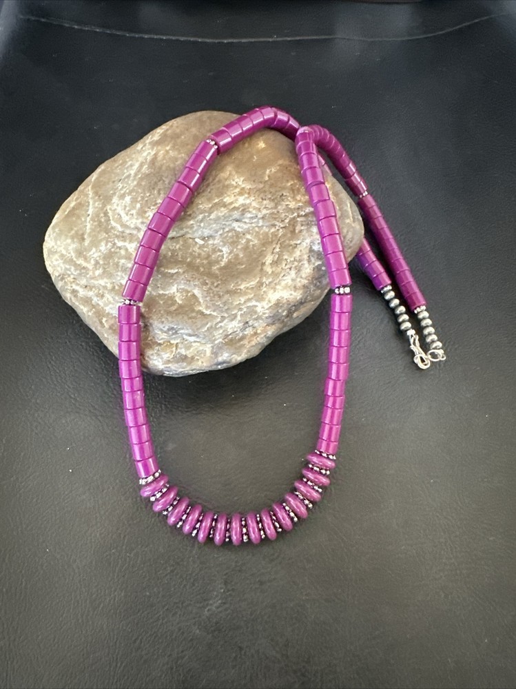 Stabilized  Purple Stone Beads Silver Tubes Necklace 10471