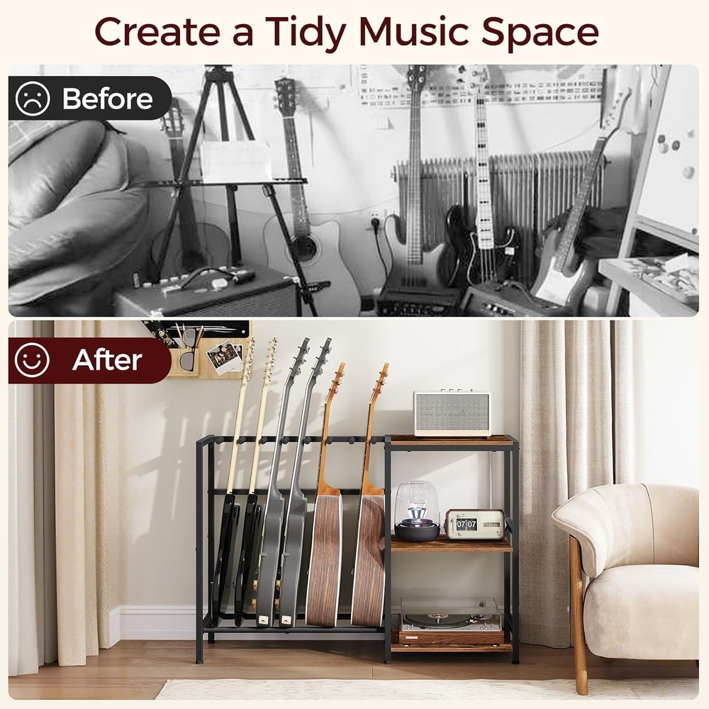 Guitar Stand Multi Guitar Rack 6 String Instruments with Side Shelves Brown