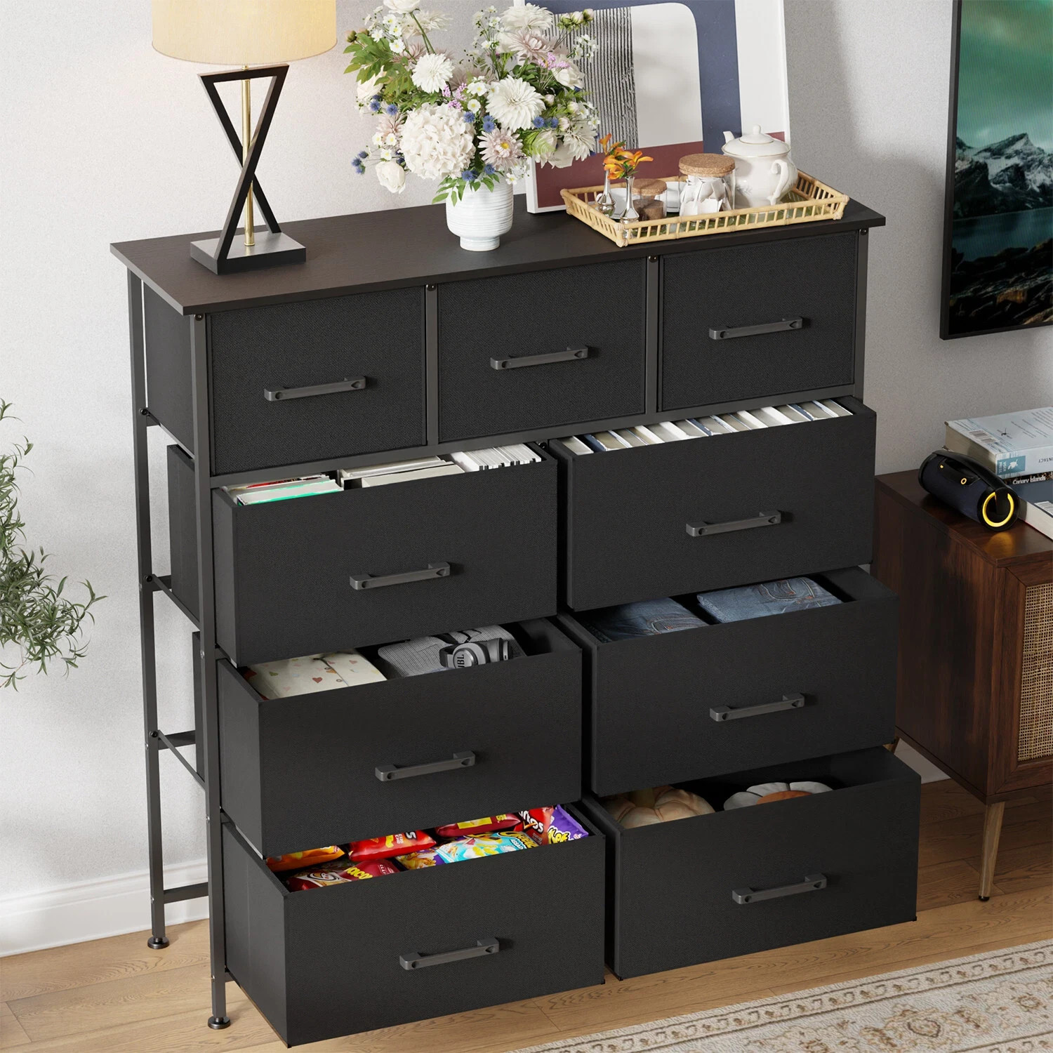 9-Drawer Fabric Dresser, Wide Chest of Drawers Storage Unit with Metal Frame
