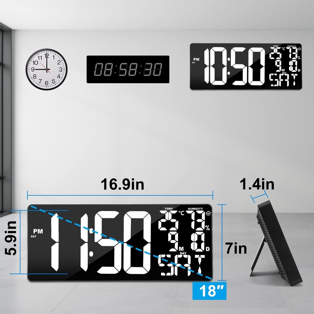 18 Inch Oversized Digital Wall Clock with Remote Control, Auto-Dimming, Tempe...