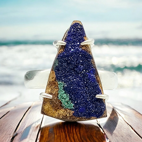 Raw Azurite Ring, size N, Sterling Silver, Triangle Shape, Rough Gemstone