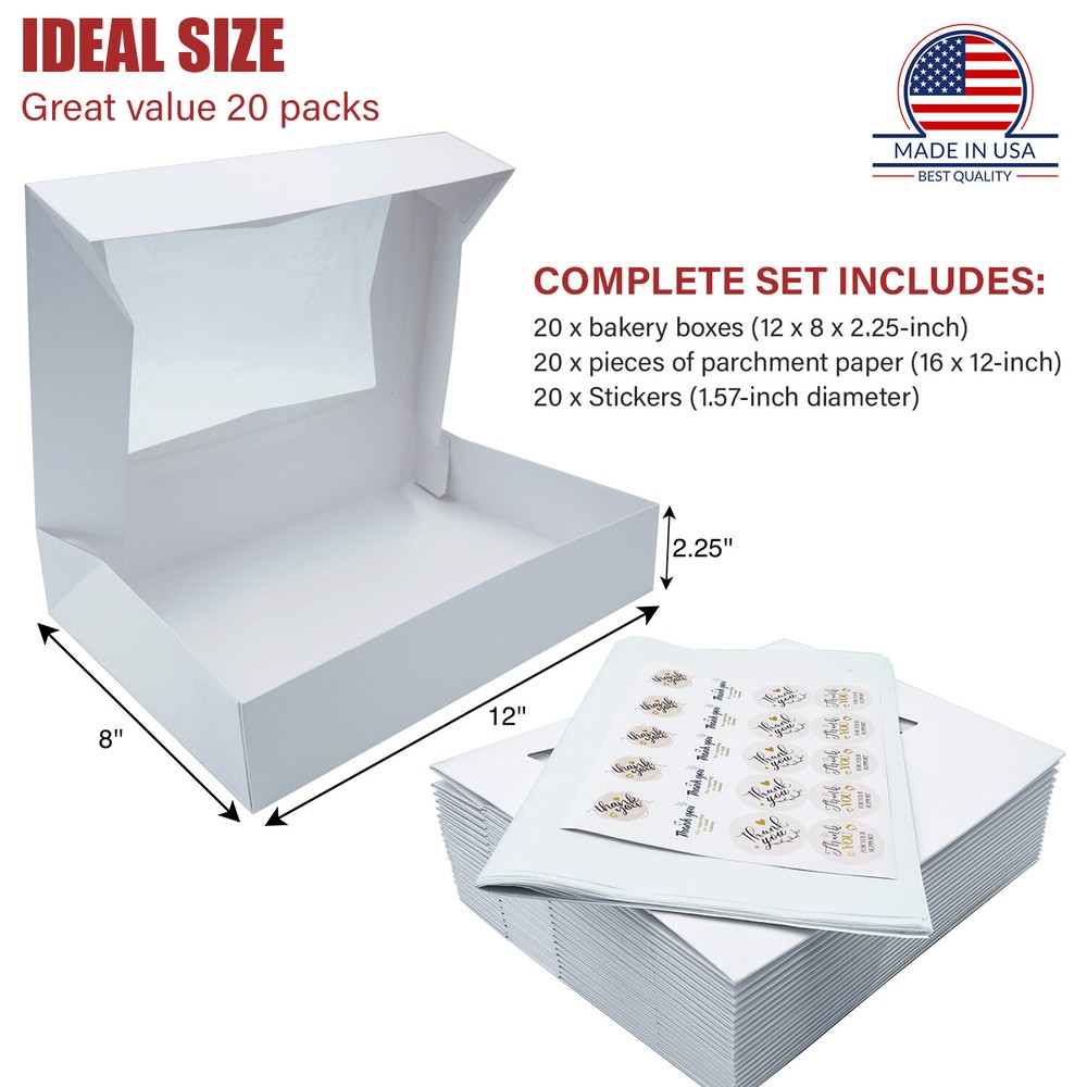 Bakery Boxes with Window [20-Pack] 12x8x2.25” | White Auto-Popup Donut Boxes