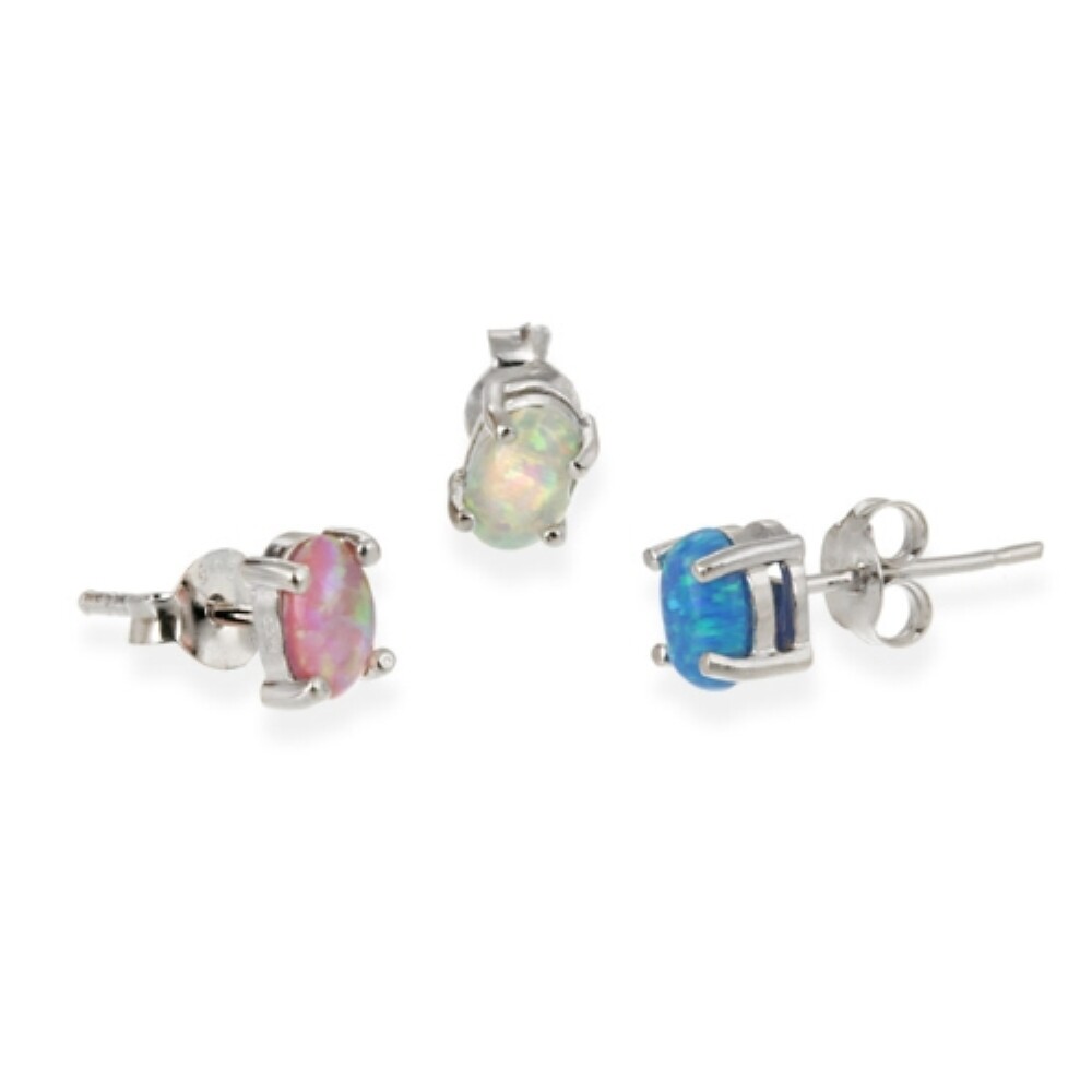 925 Silver Pink, Blue & White Lab Created Opal Stud Earrings Set