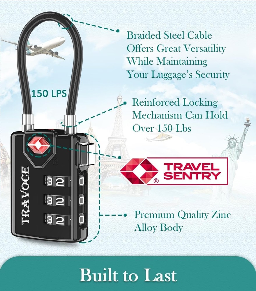 Travel Combination Cable Lock Set – TSA Approved, Versatile & Durable (3 Pack)