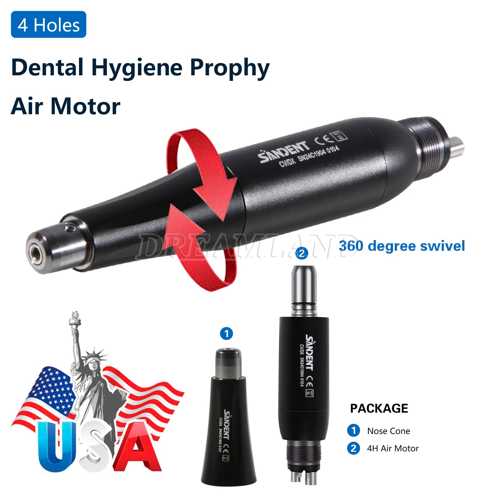 1-5 Dental Hygiene Prophy Handpiece Air Motor 4Holes 4:1 Nose Cone 360°Swivel