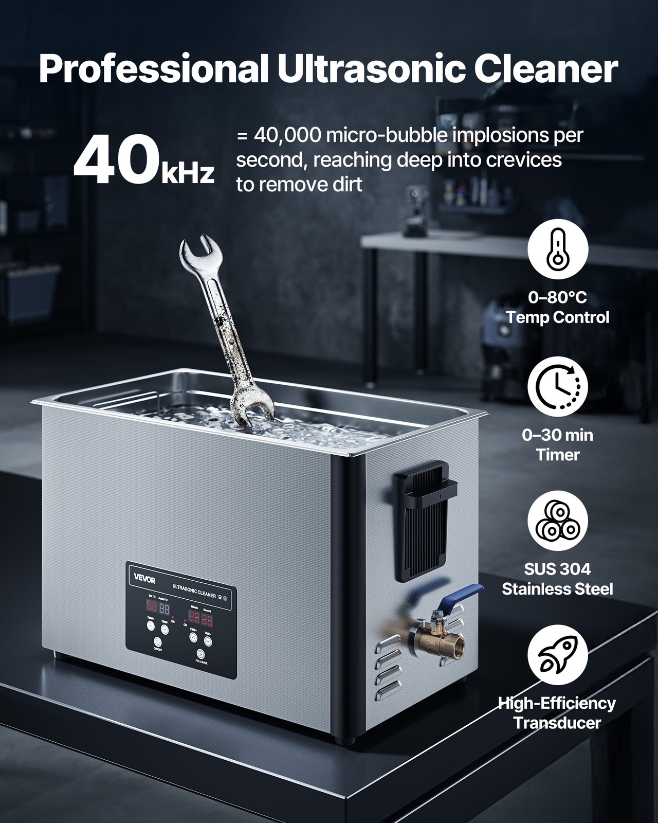 VEVOR 30L Ultrasonic Cleaner Machine with Cleaning Basket & Digital Display 480W