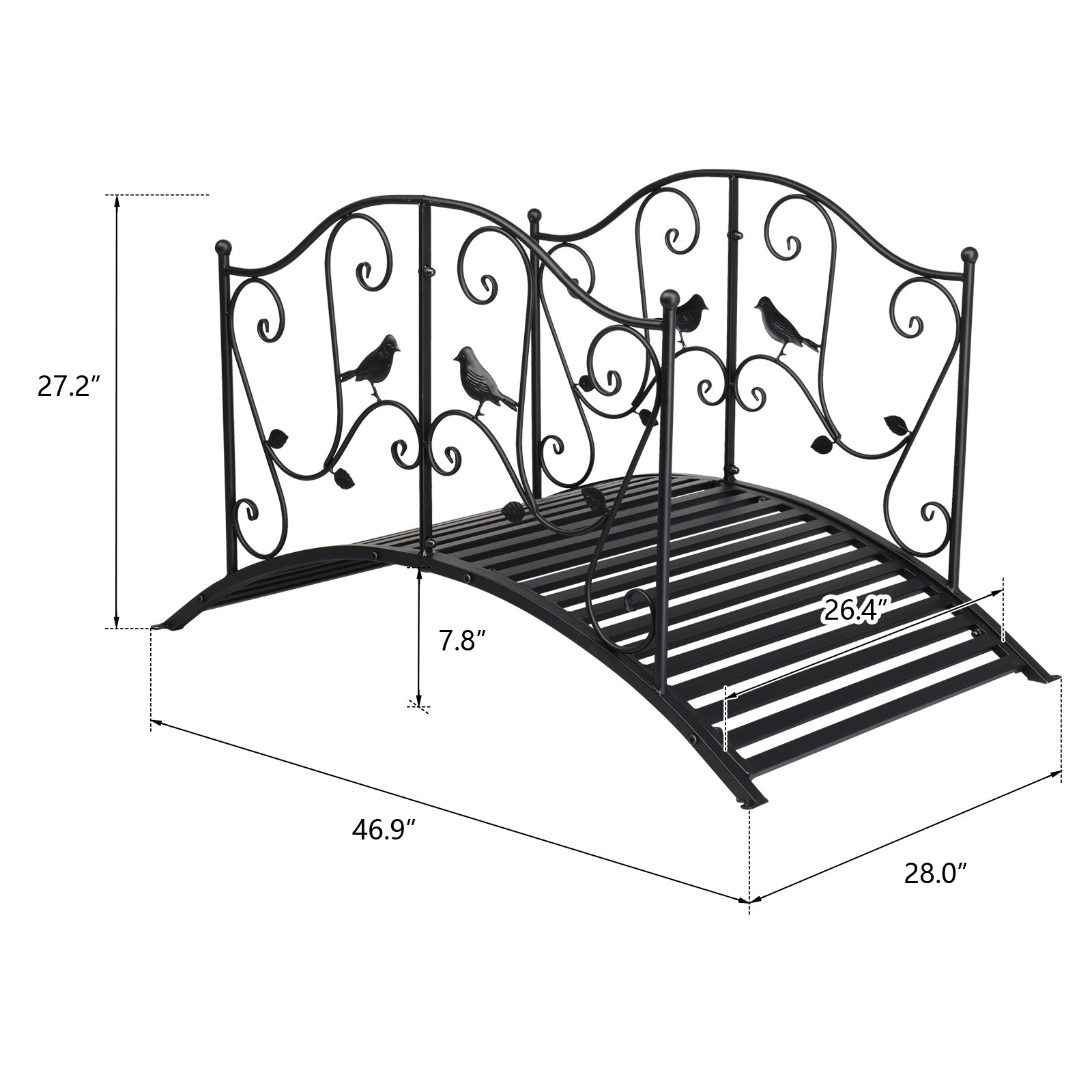 3.9FT Rustic Black Iron Bridge Courtyard Garden W/Bird Pattern Arched Handrails