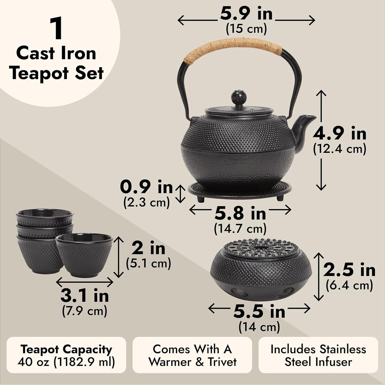 Cast Iron Teapot Set of 6 - Tea Set with Thermos, Gasket, Infuser and 4 Teacups