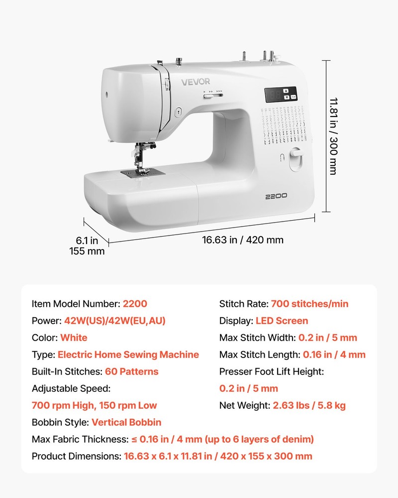 VEVOR Computerized Sewing Machine Digital Sewing Machine 60 Stitch Applications