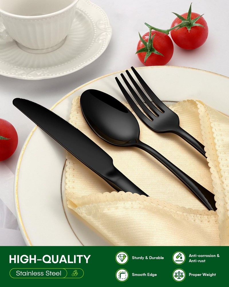 Black Silverware Set, 48 Piece Flatware Set, Stainless Steel Mirror Flatware