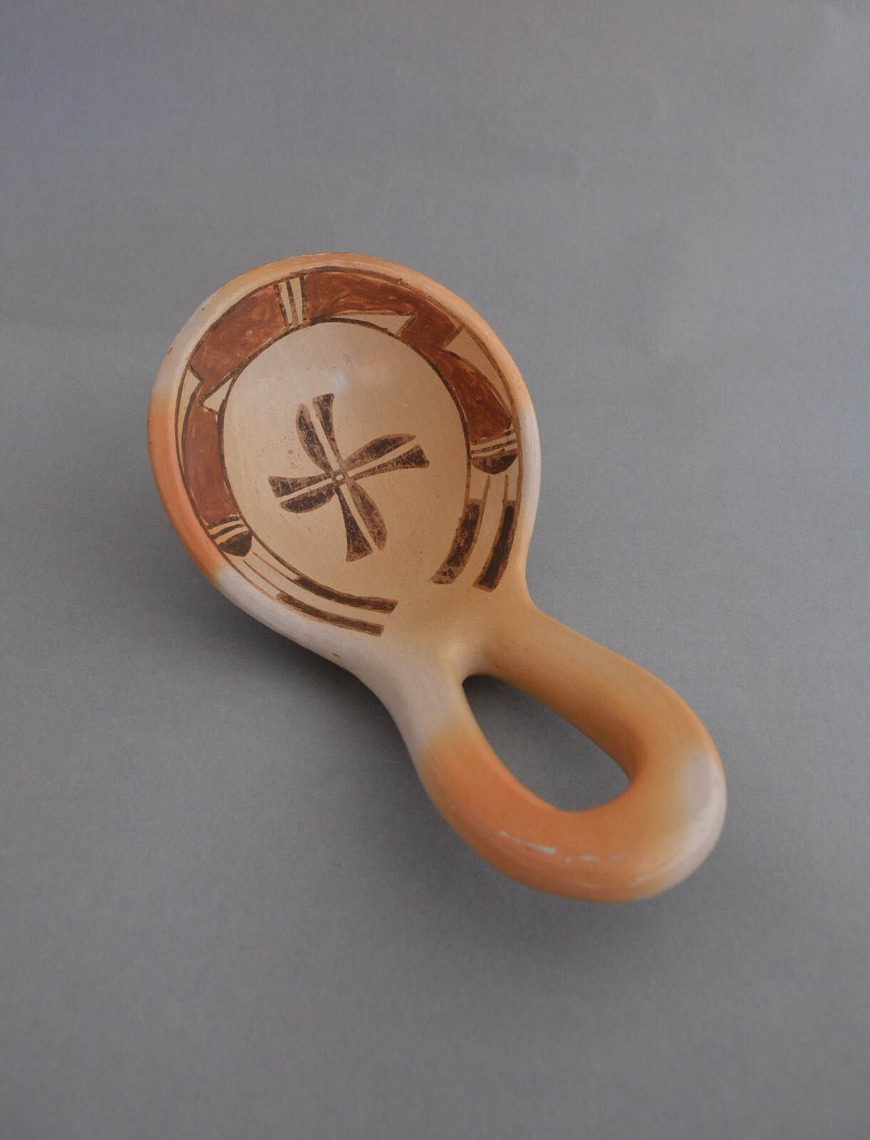 Large Old Hopi Indian Pottery Ladle - Polychrome - Cross Design - 10"