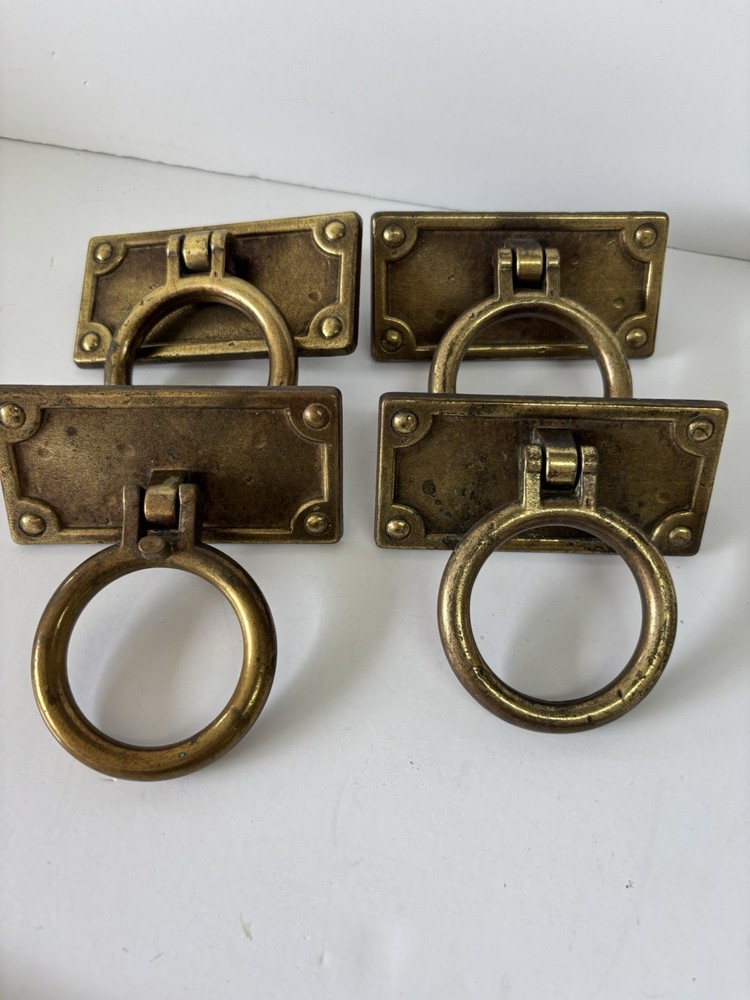 4 Salvage Rectangle Brass Drop Large Ring Double Screw Drawer Pulls 3.75"