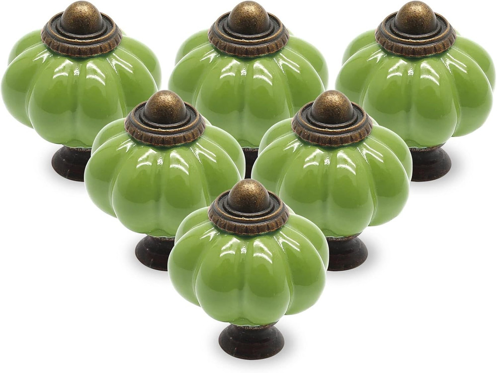 12pcs Grass Green Pumpkin Knobs, Vintage Ceramic Cabinet Handles, Drawer Pulls f