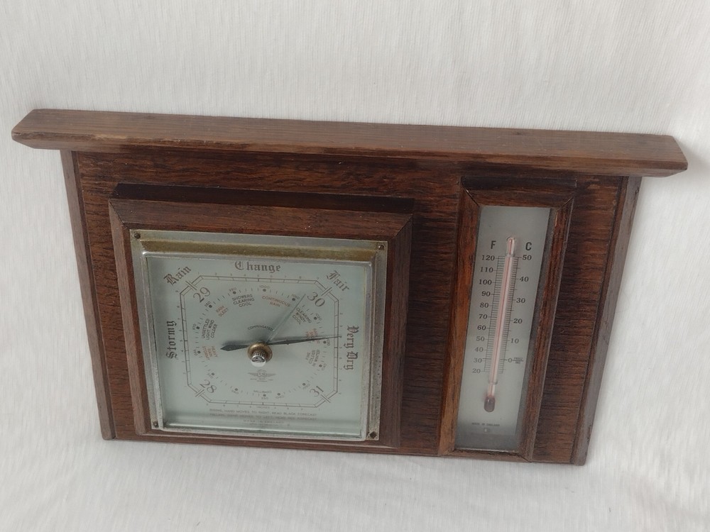 Barometer & Thermometer 1950s Original Rectangular Solid Wood Glass England Made