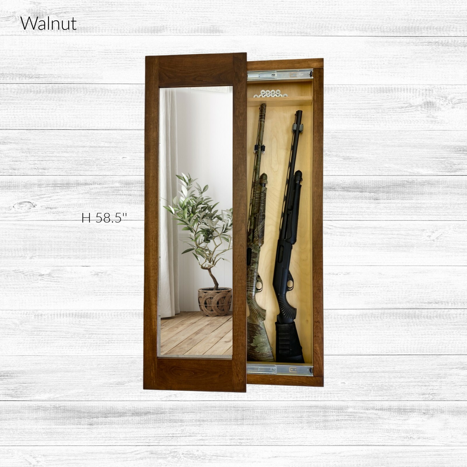 Hidden storage mirror,  In-wall gun safe concealment cabinet - American Walnut