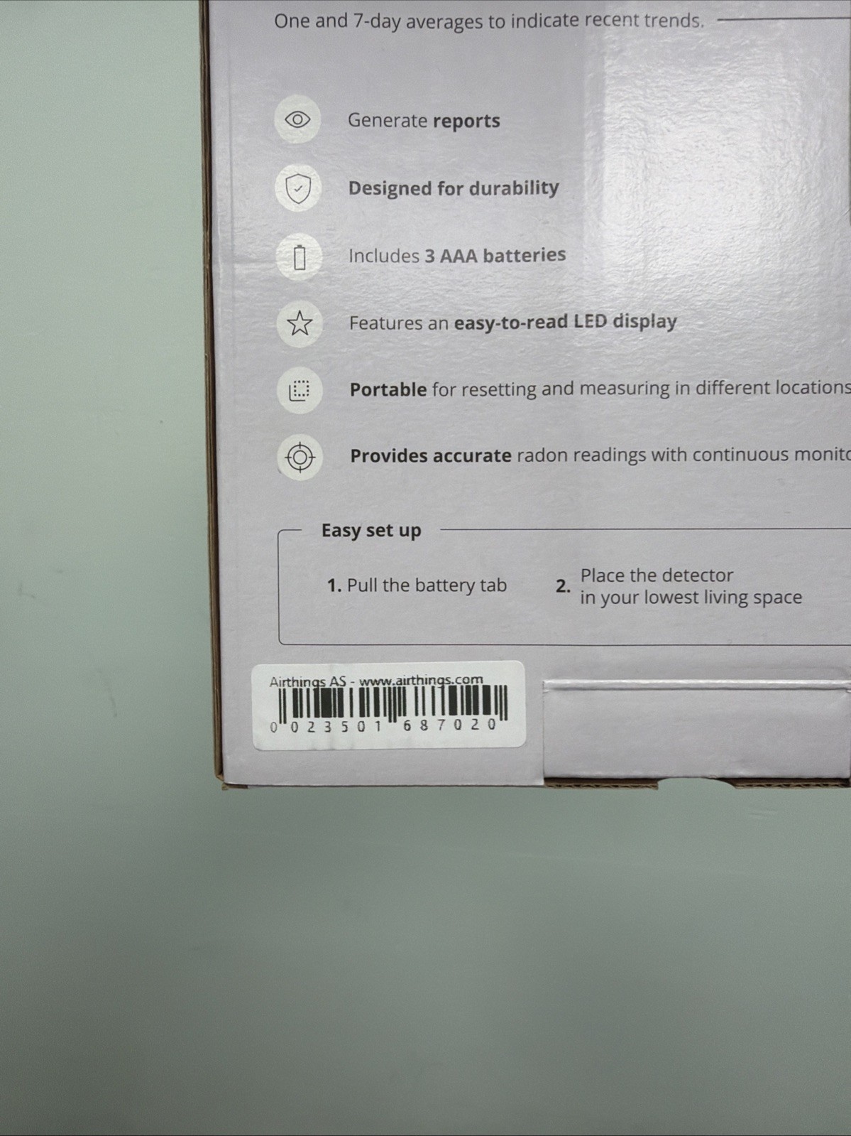 Airthings Battery Operated Digital Radon Detector 2350