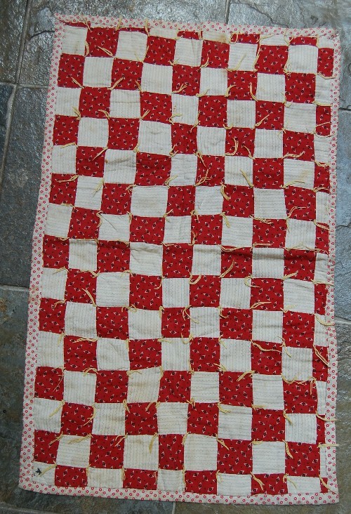 Red & White 1-Patch Antique Doll Quilt ~NICE FABRICS!