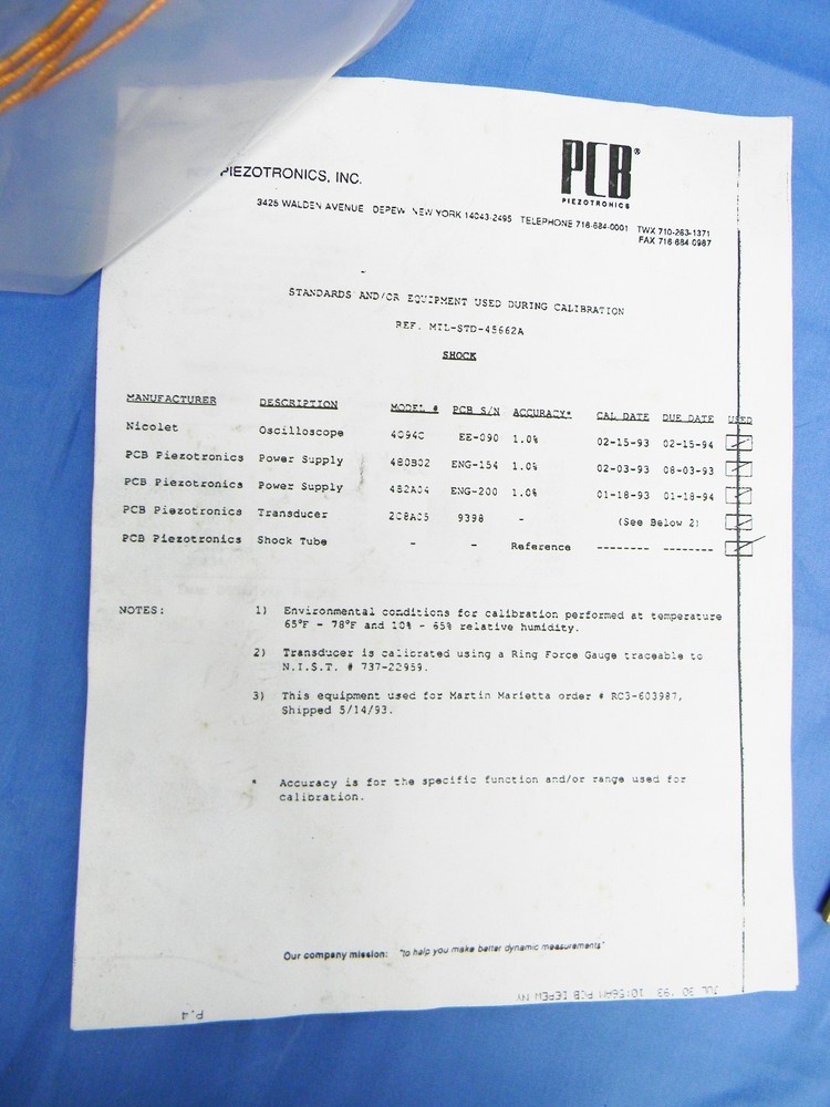 PCB 353M75 Shock Sensor ST74D76-1 w/Test Data