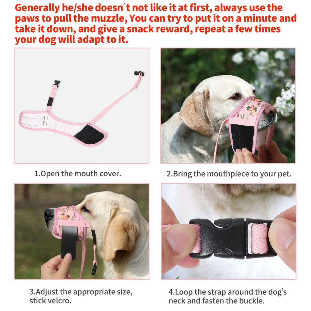 HEELE Dog Muzzle,Soft Nylon Muzzle Anti Biting Barking XS, P-Pink flower