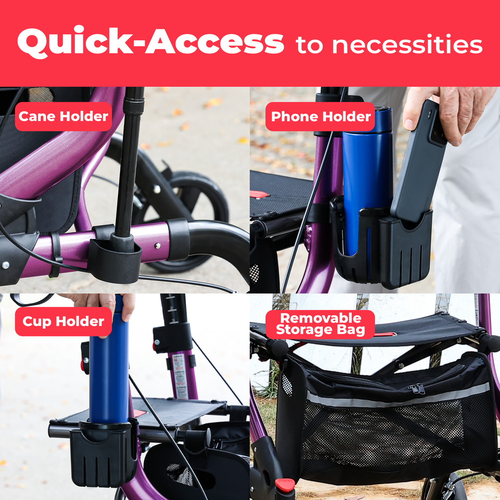 Foldable Rollator Walker for Seniors with 8" Wheels, 6-Level Height Adjustable