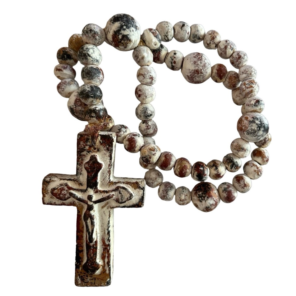 Handmade Stoneware Clay Rosary Cross & Beads 26” Rustic Ranch Home Decor