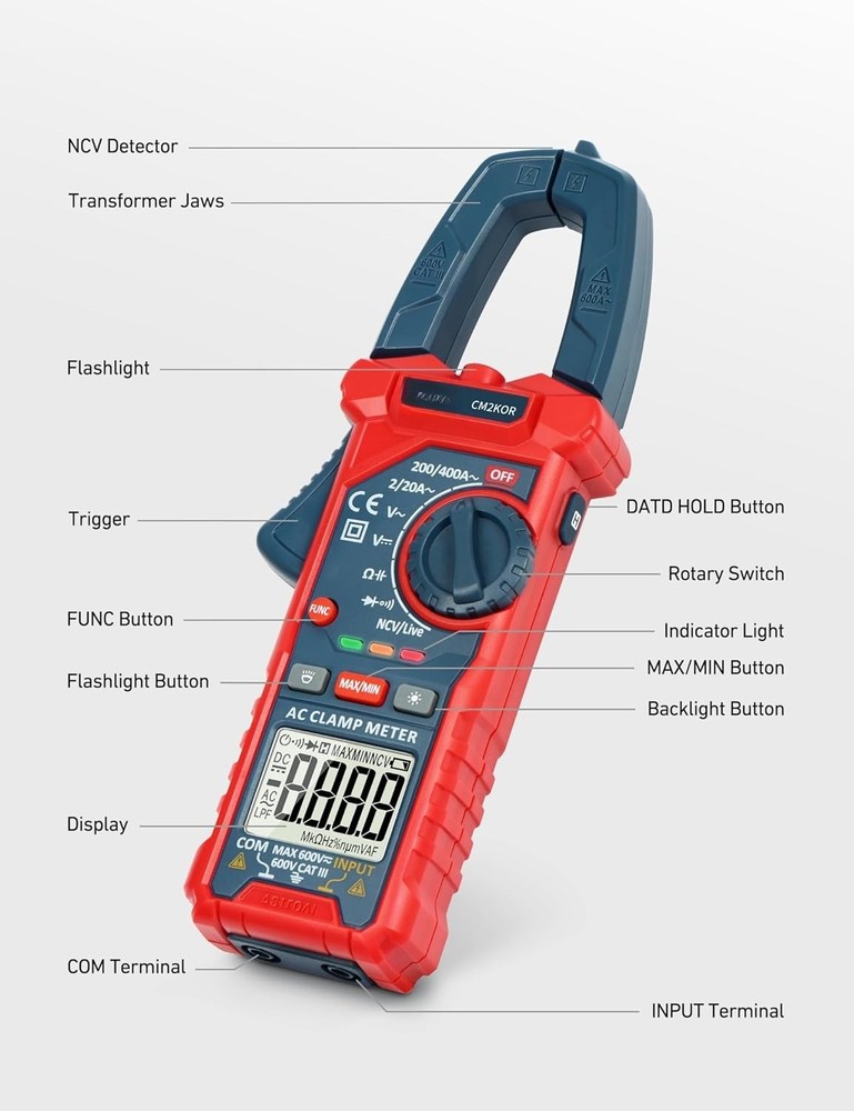 Digital Clamp Meter Multimeter 2000 Counts Amp Voltage Tester Auto-ranging Blue