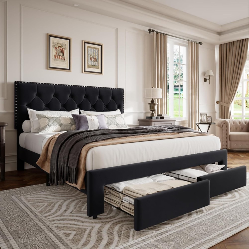 ✨Upholstered Full Queen Bed Frame w/ 2 Storage Drawers Velvet Platform Bed Frame