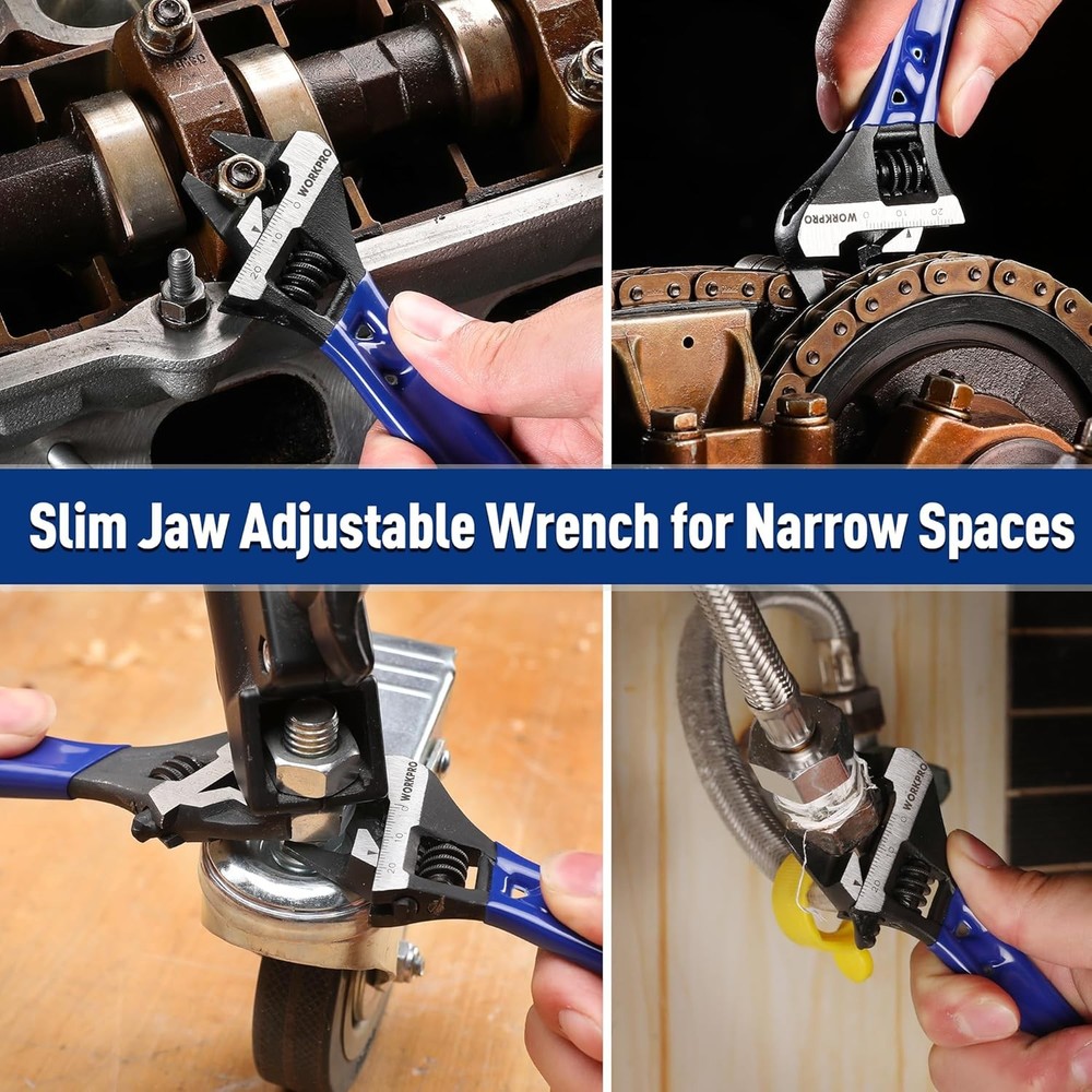 WORKPRO 4-Inch Thin Jaws Stubby Wide Opening Adjustable Wrench, Small Adjustable