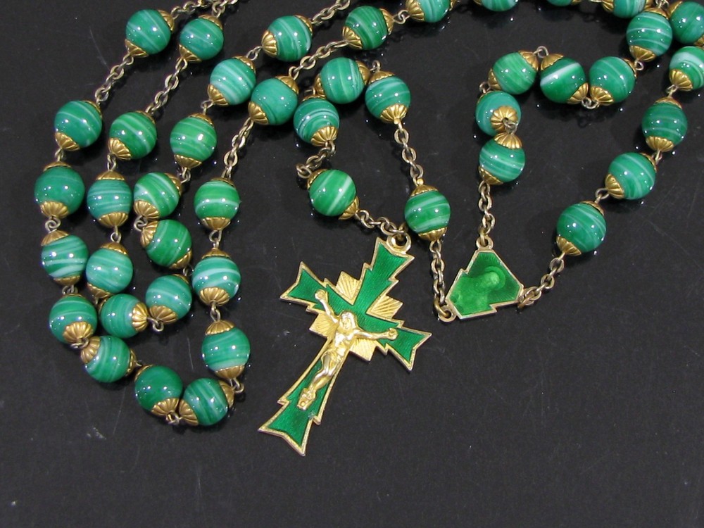 Vintage NATURAL MALACHITE ROSARY BEADS WITH ENAMEL CRUCIFIX