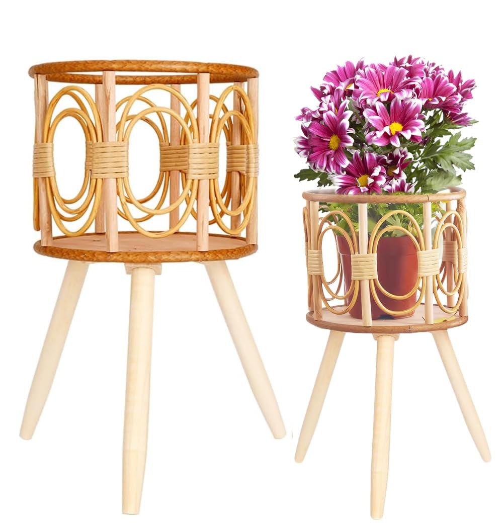 Boho Rattan Plant Stand Indoor Outdoor - 2 Rattan Wicker Planter Shelf for Mu...