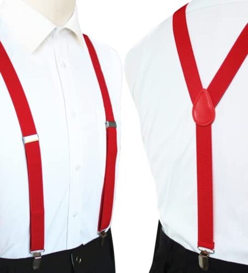 Solid Color Mens Suspender with 3 Strong Clips Adjustable Braces Red