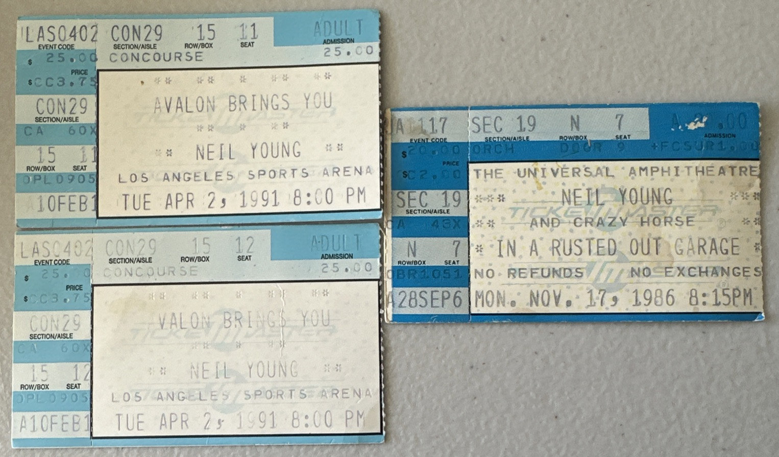 Lot OF 2 Neil Young/NYCH shows 1986, 1991 Concert Ticket Stubs Los Angeles