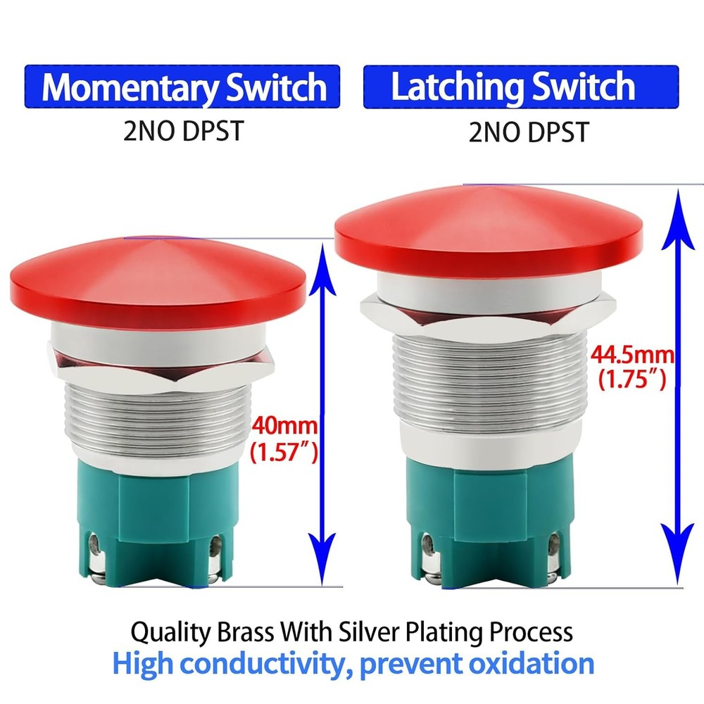 10 Amp Push Button Switch Red 22mm 7/8'' Momentary, DPST 2NO,