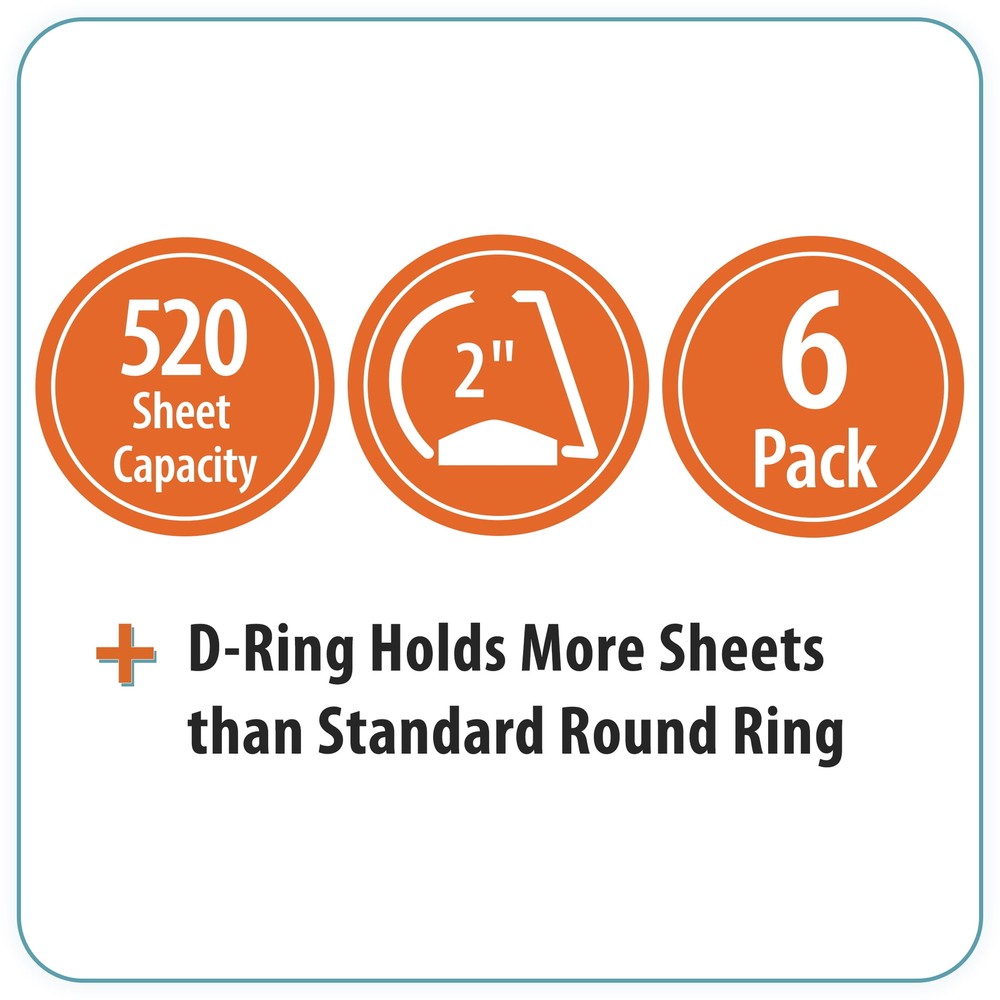 3-Ring Durable View Binder, 2 inch Binder Ring Type, Slant D-Ring, White, 6 Pack