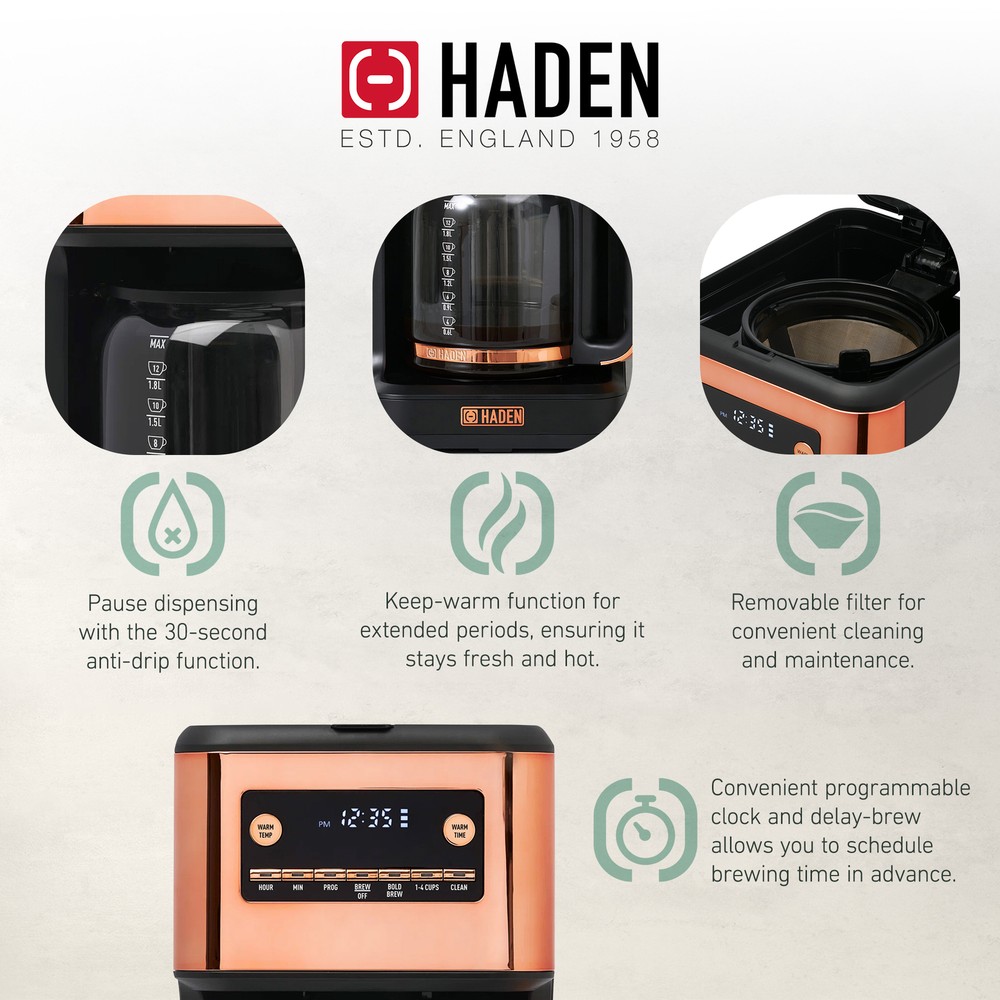 Haden Generous Brew 14 Cup Programmable Digital Coffee Maker Pot, Black/Copper