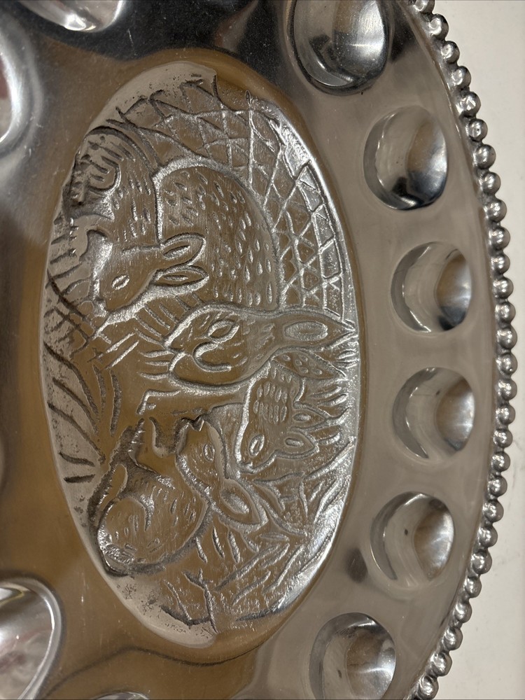 Oval Rabbit Deviled Egg Silver Tone Metal Platter Tray Beaded Trim
