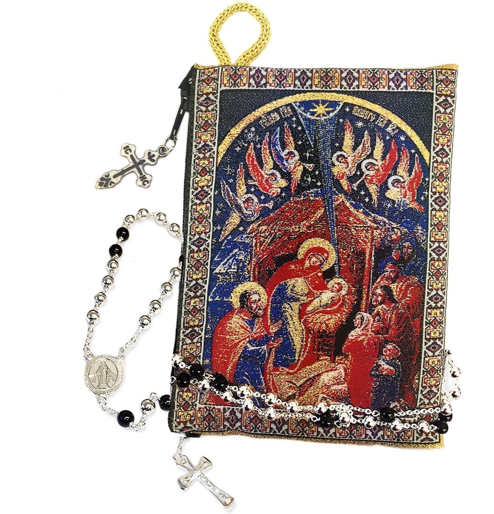 Nativity Two Sided Tapestry Icon Keepsake Rosary Pouch Case 5 3/8 Inch
